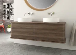 Meuble sous-vasque à suspendre l.141 cm avec plan de toilette et 2 vasques à poser, effet noyer, Idra