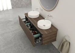 Meuble sous-vasque à suspendre l.141 cm avec plan de toilette et 2 vasques à poser, effet noyer, Idra