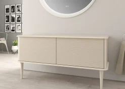 Meuble sous-vasque à suspendre l.141 cm avec plan de toilette et pieds H.29 cm, beige coton, Idra