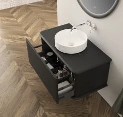 Meuble sous-vasque à suspendre l.95 cm avec plan de toilette et vasque à poser, noir mat, Idra