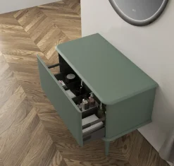 Meuble sous-vasque à suspendre l.95 cm avec plan de toilette et pieds H.29 cm, vert mat, Idra