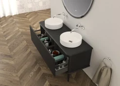 Meuble sous-vasque à suspendre l.141 cm avec plan de toilette, 2 vasques à poser et pieds H.29 cm, noir mat, Idra