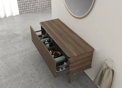Meuble sous-vasque à suspendre l.141 cm avec plan de toilette et pieds H.29 cm, effet noyer, Idra