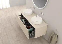 Meuble sous-vasque à suspendre l.141 cm avec plan de toilette et 2 vasques à poser, beige coton, Idra