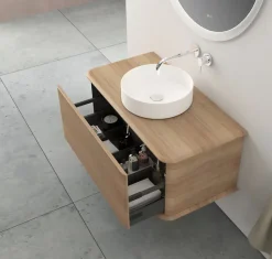Meuble sous-vasque à suspendre l.95 cm avec plan de toilette et vasque à poser, effet chêne tabac, Idra