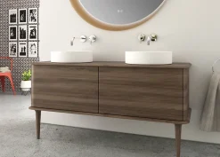 Meuble sous-vasque à suspendre l.141 cm avec plan de toilette, 2 vasques à poser et pieds H.29 cm, effet noyer, Idra