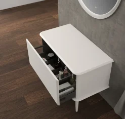 Meuble sous-vasque à suspendre l.95 cm avec plan de toilette et pieds H.29 cm, blanc mat, Idra