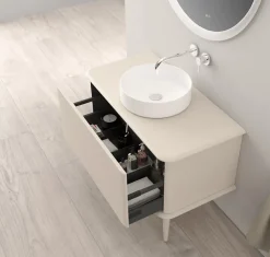 Meuble sous-vasque à suspendre l.95 cm avec plan de toilette, vasque à poser et pieds H.29 cm, beige coton, Idra