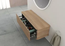 Meuble sous-vasque à suspendre l.141 cm avec plan de toilette, effet chêne tabac, Idra