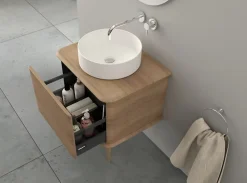 Meuble sous-vasque à suspendre l.61 cm avec plan de toilette, vasque à poser et pieds H.29 cm, effet chêne tabac, Idra