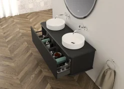 Meuble sous-vasque à suspendre l.141 cm avec plan de toilette et 2 vasques à poser, noir mat, Idra