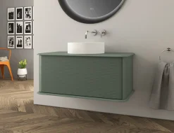 Meuble sous-vasque à suspendre l.95 cm avec plan de toilette et vasque à poser, vert mat, Idra