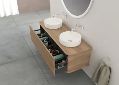 Meuble sous-vasque à suspendre l.141 cm avec plan de toilette et 2 vasques à poser, effet chêne tabac, Idra