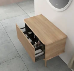 Meuble sous-vasque à suspendre l.95 cm avec plan de toilette et pieds H.29 cm, effet chêne tabac, Idra
