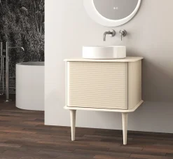 Meuble sous-vasque à suspendre l.61 cm avec plan de toilette, vasque à poser et pieds H.29 cm, beige coton, Idra