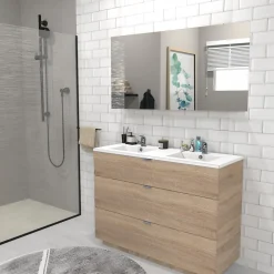 Meuble sous-vasque 3 tiroirs MARBELLA 120 cm + vasque / Décor Chêne blanchi