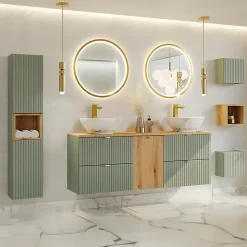 Meuble sous-vasque 160cm panier à linge Jade Vert et Bois