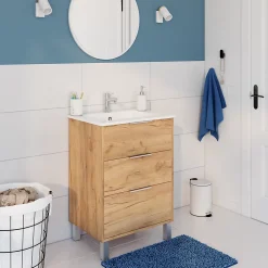 Meuble sous-vasque effet chêne l.60 cm + plan simple vasque porcelaine, Futurbath Louna