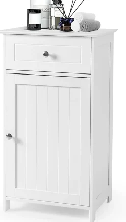 Meuble sur Pieds de Salle de Bain avec Étagères Réglables Tiroir et 1 Porte Armoire de Rangement pour Salle de Bain Blanc