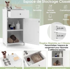Meuble sur Pieds de Salle de Bain avec Étagères Réglables Tiroir et 1 Porte Armoire de Rangement pour Salle de Bain Blanc