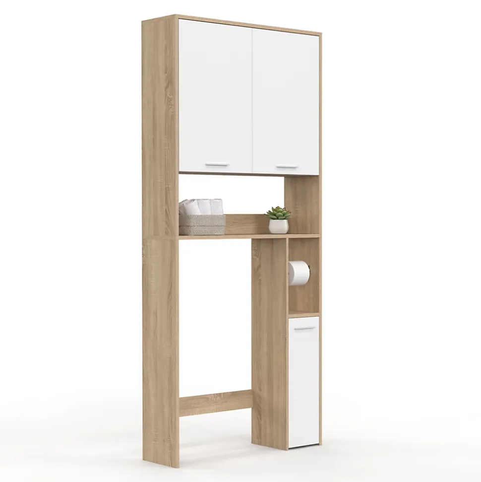 Meuble étagère dessus WC WALLIS bois façon hêtre et blanc