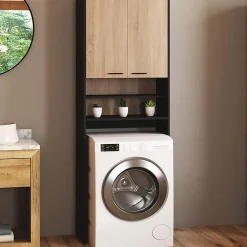 Meuble étagères de rangement dessus machine à laver et WC WALLIS noir et bois façon hêtre