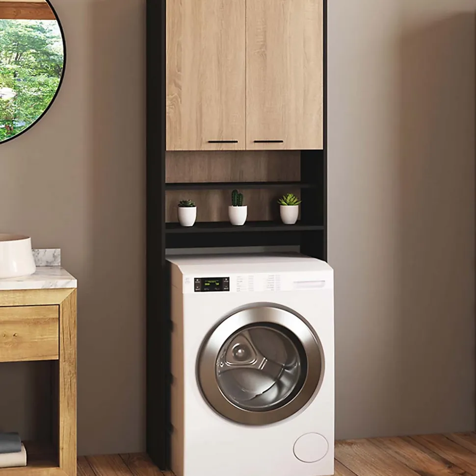 Meuble étagères de rangement dessus machine à laver et WC WALLIS noir et bois façon hêtre