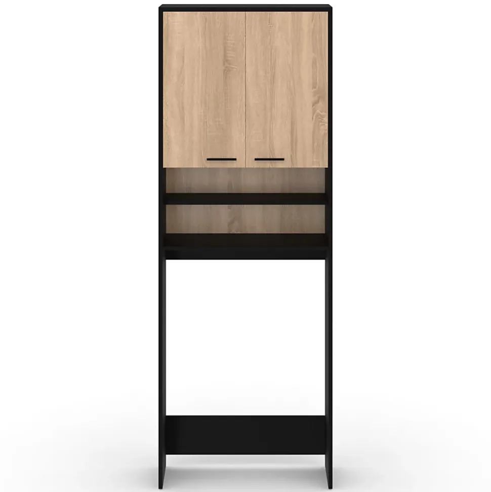 Meuble étagères de rangement dessus machine à laver et WC WALLIS noir et bois façon hêtre