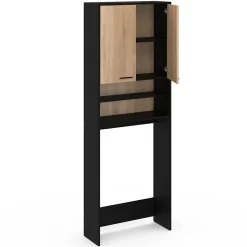 Meuble étagères de rangement dessus machine à laver et WC WALLIS noir et bois façon hêtre