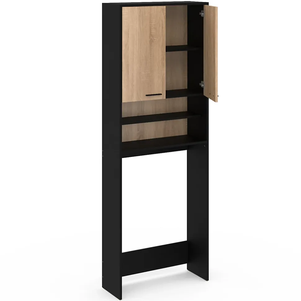 Meuble étagères de rangement dessus machine à laver et WC WALLIS noir et bois façon hêtre
