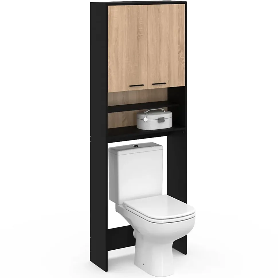 Meuble étagères de rangement dessus machine à laver et WC WALLIS noir et bois façon hêtre