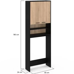 Meuble étagères de rangement dessus machine à laver et WC WALLIS noir et bois façon hêtre