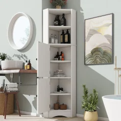 Meuble triangulaire salle de bain blanc laqué, 2 étagères ouvertes, 2 portes avec séparateurs réglables, design simple