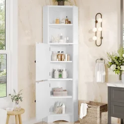 Meuble triangulaire salle de bain blanc laqué, 2 étagères ouvertes, 2 portes avec séparateurs réglables, design simple