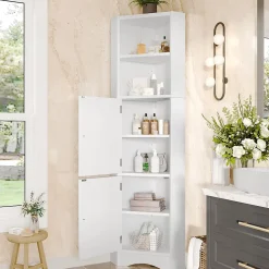 Meuble triangulaire salle de bain blanc laqué, 2 étagères ouvertes, 2 portes avec séparateurs réglables, design simple