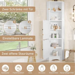 Meuble triangulaire salle de bain blanc laqué, 2 étagères ouvertes, 2 portes avec séparateurs réglables, design simple