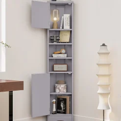 Meuble triangulaire salle de bain, résistant à l'humidité, 3 étagères ouvertes, double porte avec étagères réglables, gris