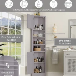 Meuble triangulaire salle de bain, résistant à l'humidité, 3 étagères ouvertes, double porte avec étagères réglables, gris
