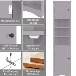 Meuble triangulaire salle de bain, résistant à l'humidité, 3 étagères ouvertes, double porte avec étagères réglables, gris