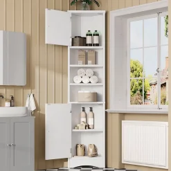 Meuble triangulaire salle de bain blanc, résistant à l'humidité, étagères ouvertes, double porte avec étagères réglables