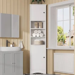 Meuble triangulaire salle de bain blanc, résistant à l'humidité, étagères ouvertes, double porte avec étagères réglables