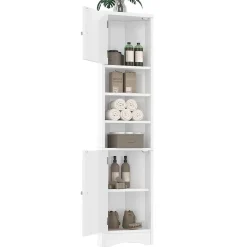 Meuble triangulaire salle de bain blanc, résistant à l'humidité, étagères ouvertes, double porte avec étagères réglables