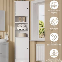 Meuble triangulaire salle de bain blanc, résistant à l'humidité, étagères ouvertes, double porte avec étagères réglables