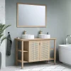 Meuble vasque à poser 2 portes avec plan de toilette l.114 x H.80 x P.50 cm, placage chêne et cannage, Thiam