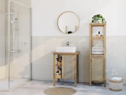 Meuble vasque à poser 1 porte avec plan de toilette l.61 x H.80 x P.50 cm, placage chêne et cannage, Thiam