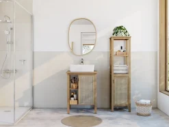Meuble vasque à poser 1 porte avec plan de toilette l.61 x H.80 x P.50 cm, placage chêne et cannage, Thiam