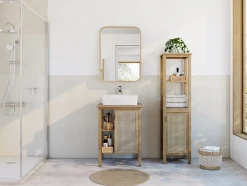 Meuble vasque à poser 1 porte avec plan de toilette l.61 x H.80 x P.50 cm, placage chêne et cannage, Thiam