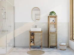 Meuble vasque à poser 1 porte avec plan de toilette l.61 x H.80 x P.50 cm, placage chêne et cannage, Thiam