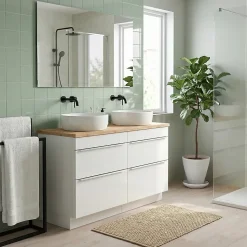 Meuble vasque à poser blanc brillant l.120 cm Imandra + plan de toilette chêne massif Hartland, GoodHome