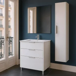 Meuble vasque à poser blanc mat l.60 cm + plan simple vasque porcelaine, Futurbath Louna